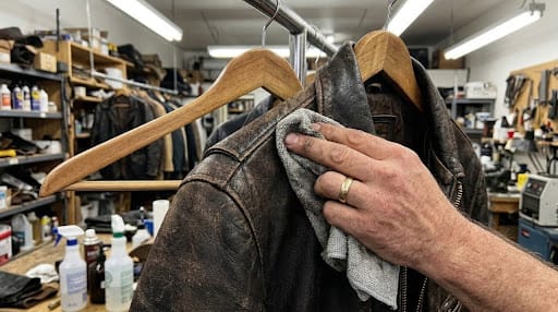 Behind-the-scenes photo showing a Starcrest Cleaners specialist actively buffing and conditioning a leather jacket before off-season storage.