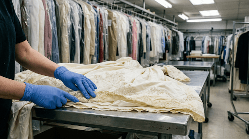 Dry cleaning specialist examining a yellowed vintage wedding gown on a worktable during professional wedding dress restoration.