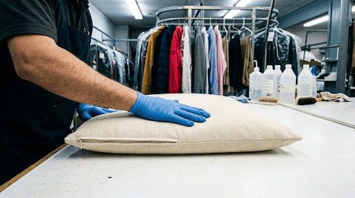  Dry cleaning technician inspecting a freshly cleaned sofa cushion cover at a professional upholstery and cushion cover dry cleaning facility.