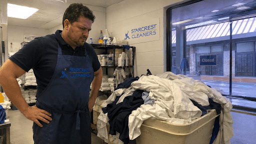 Commercial business owner standing beside an overflowing laundry bin in a back room, showing the frustration of dealing with a closed laundromat on a holiday with dirty uniforms and linens piling up.