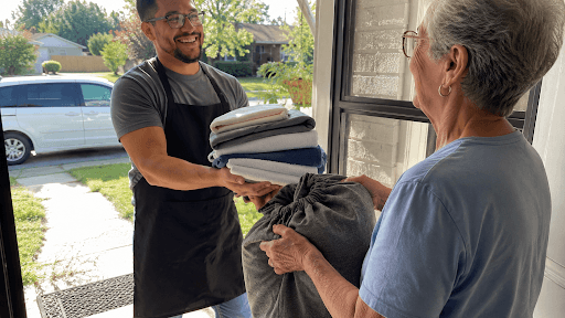 Laundry service for seniors worker delivering a stack of clean, folded laundry to an older adult at their front door.