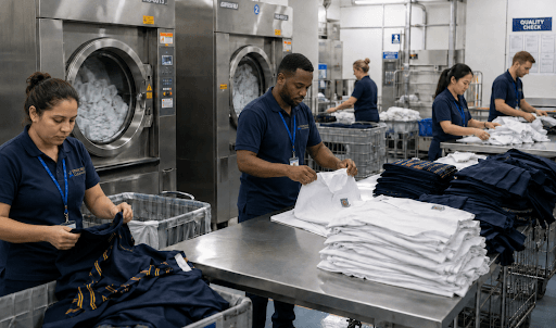 Industrial laundry workers sort and fold school uniforms on stainless tables beside large commercial washing machines in a clean, brightly lit facility.