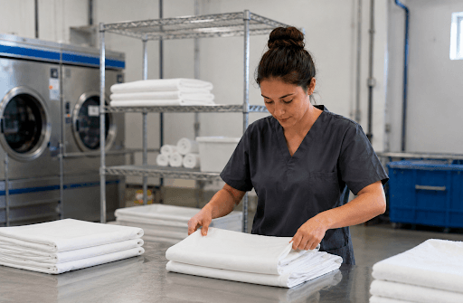 Laundry worker folding clean white Airbnb linens on a stainless steel table in a professional commercial laundry facility.